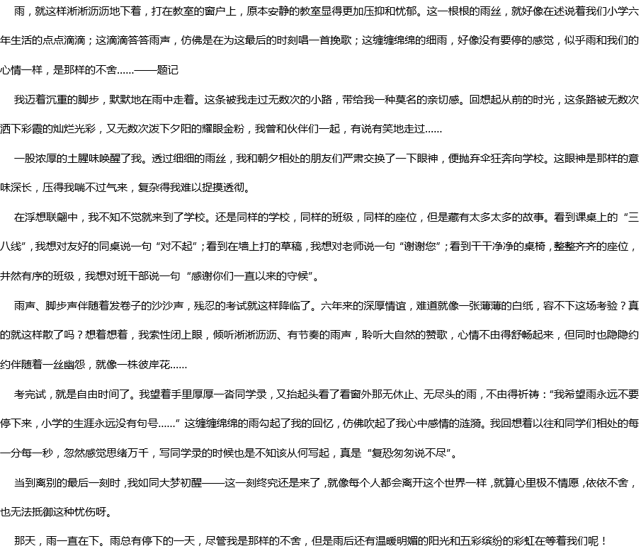 2020年中考滿分作文參考范文：那天，雨一直下